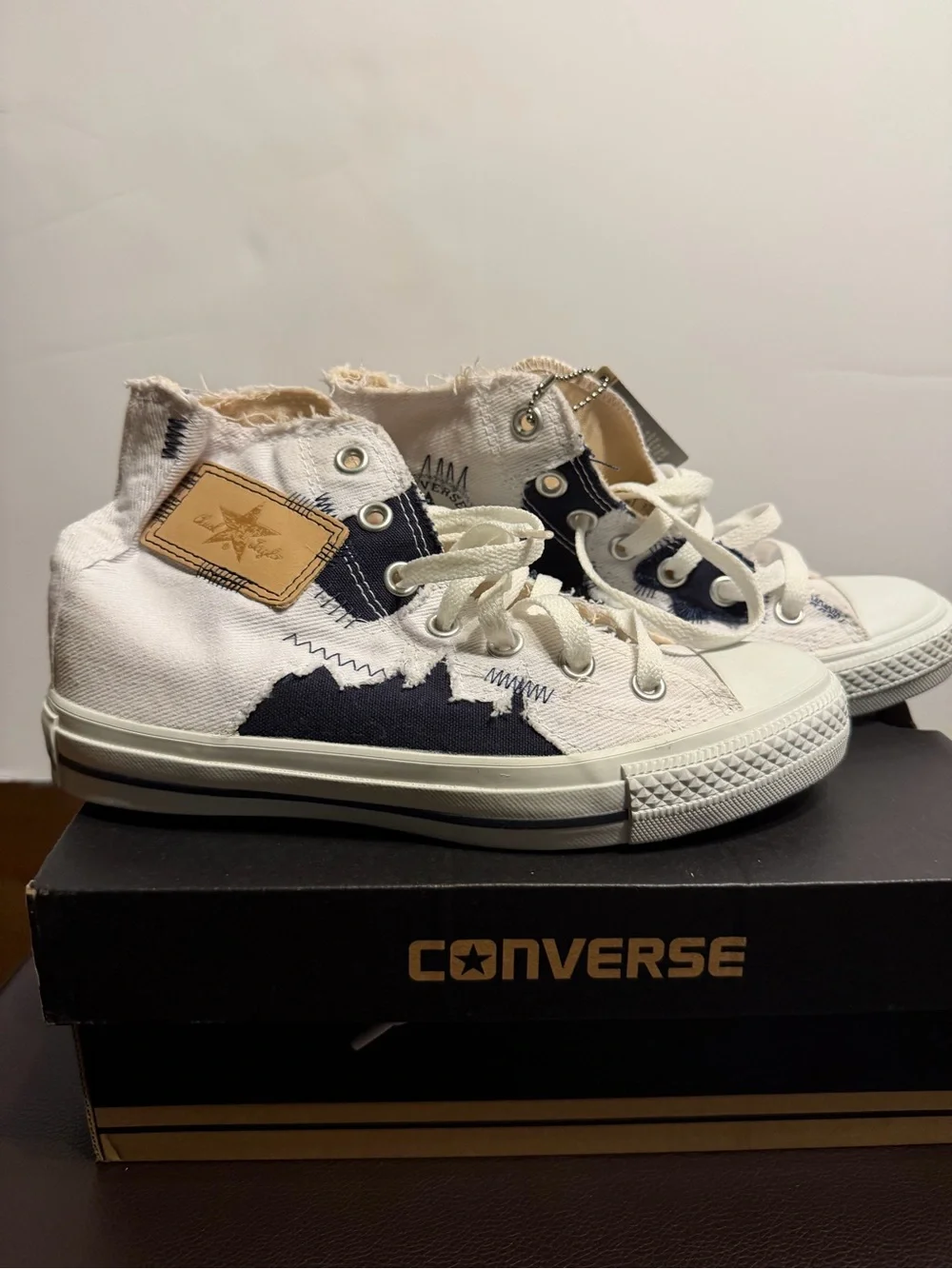 Converse High Top Sneakers in White and Navy with Leather Patch